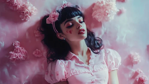 Chromatic portrait of reclining woman in saturated pink field.