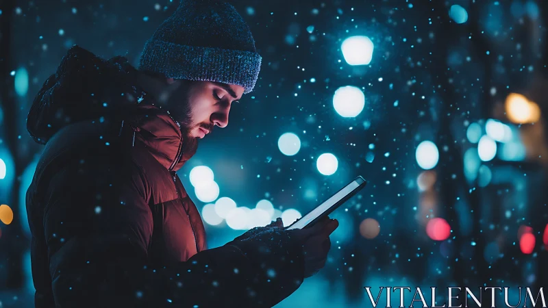 Man checks tablet on snowy neon city street at night.