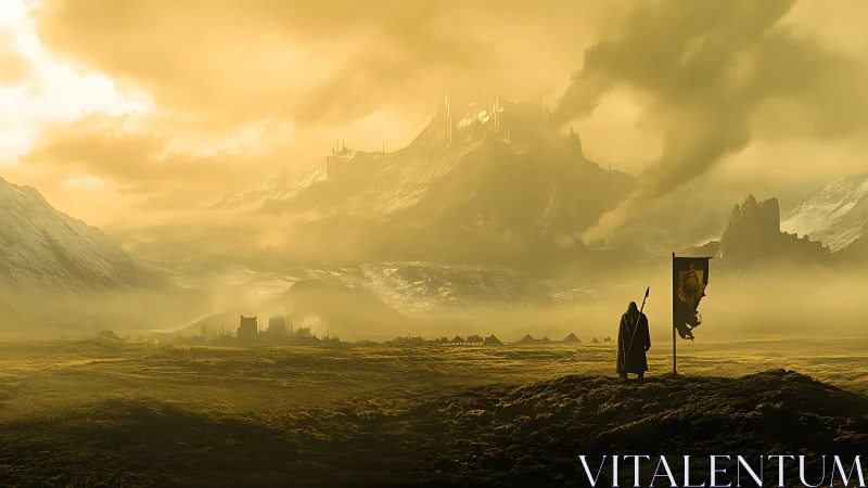 Solitary cloaked figure surveys fortified city in misty valley