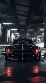 Midnight muscle car front view in cinematic wet underpass.