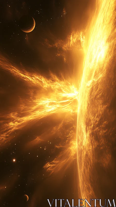 Golden solar flare reaching toward quiet distant planets.