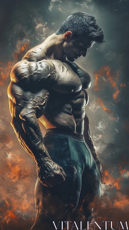 Muscular male bodybuilder stands in profile amid fiery haze