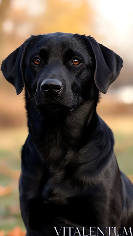 Close-up portrait of black Labrador retriever in soft bokeh light