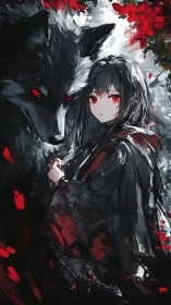 Dark-haired girl with red-eyed wolf in bold red accents.