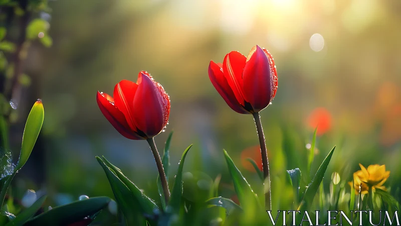 Vivid Red Tulips Glistening With Morning Dewdrops.