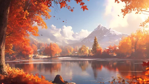 Autumn lake panorama beneath snowcapped alpine peak.