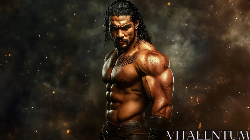 Fierce warrior hero standing strong in glowing embers.