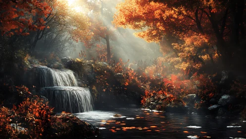 Autumn woodland cascade rendered in high-detail digital painting