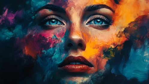 Luminous painted portrait bathed in bold swirling colors.