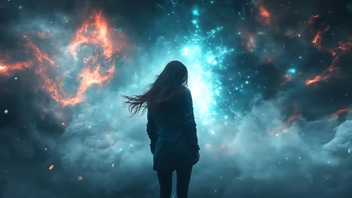 Stargazer at the cosmic doorway of swirling color and light.