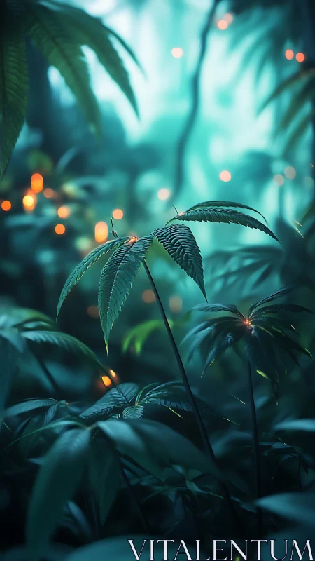 Lush teal jungle foliage with small glowing light orbs.