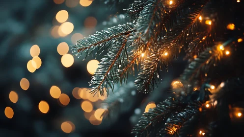 Shallow depth of field captures frosted fir needles and warm bokeh