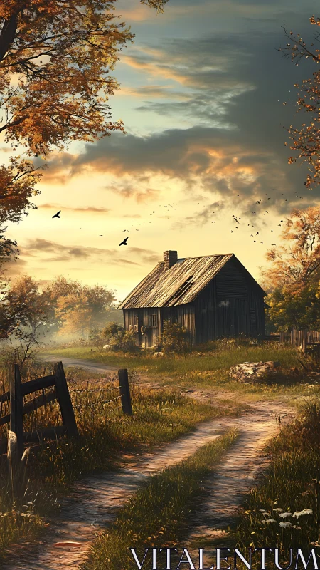 Weathered rural cottage under soft autumn evening light.