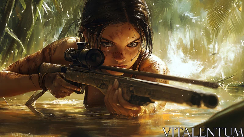 Fearless jungle survivor steadying her rifle in silence.