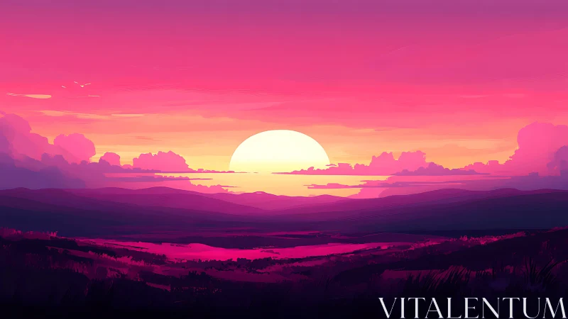 Vibrant digital sunset over stylized purple mountains.