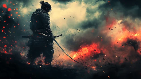 Lone samurai stalks through ember storms and boiling sky