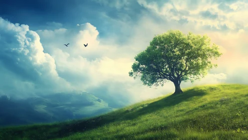 Majestic Lone Tree on Sunlit Hill in Dreamy Landscape Art.
