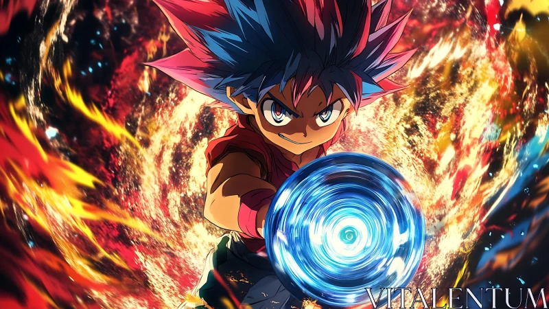 Fiery anime hero unleashes swirling cosmic energy blast