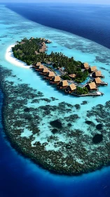 Tropical island resort with overwater bungalows and coral reef.