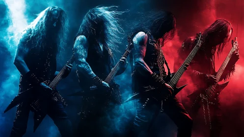 Four electric guitarists stand in dense blue and red stage fog