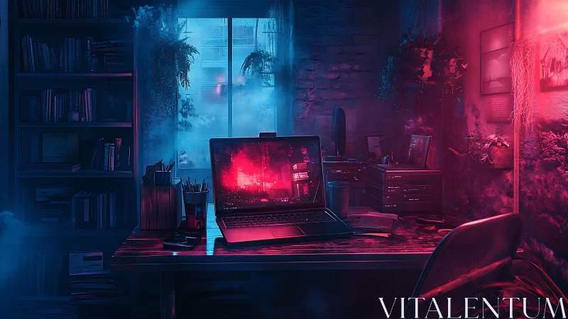 Moody neon-lit workspace with laptop in cyberpunk glow.