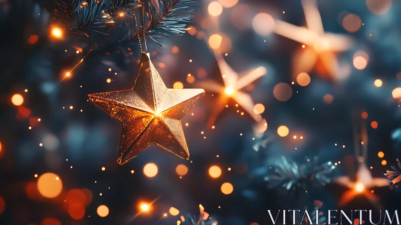 Glowing golden star ornament amid dreamy festive bokeh.