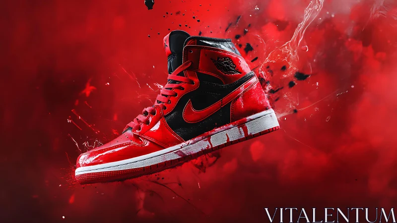 High-gloss red sneaker rendered with dynamic splash effects in motion