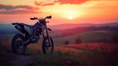 Off-road motorcycle rests against a glowing sunset horizon