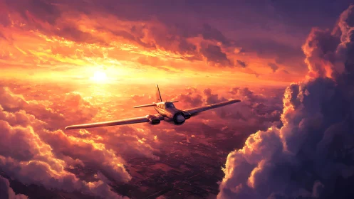 Single propeller aircraft cuts through volumetric sunset clouds