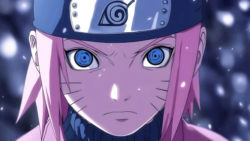 Pink haired ninja portrait with intense blue eyes.