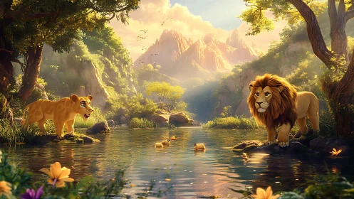 Majestic Lions Meet in a Golden Forest Paradise.