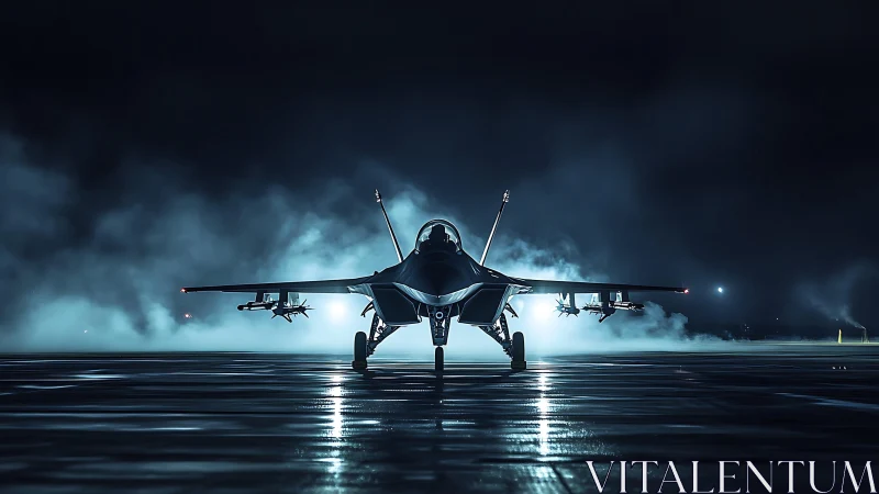 Stealth combat jet on wet runway at night with mist present.