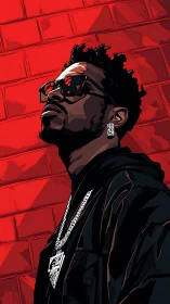 Stylized portrait of man in sunglasses before red wall.