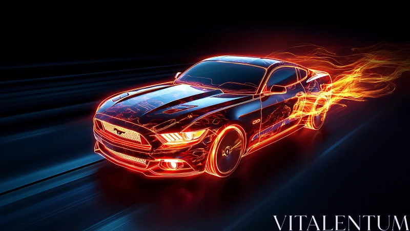 Neon muscle car blazes forward with fiery motion trails.