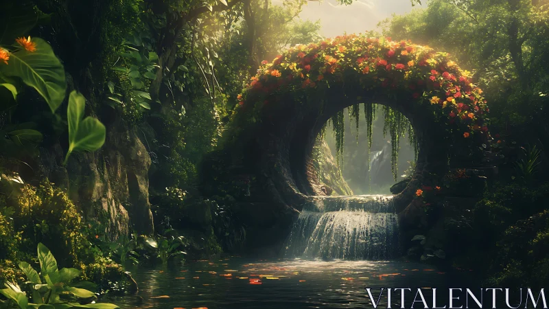 Circular stone arch waterfall in dense forest setting.