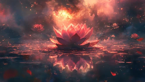 Luminous cosmic lotus blooms over reflective nebular water surface