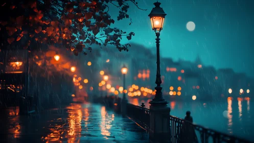 Rain-soaked riverside promenade under glowing streetlights.
