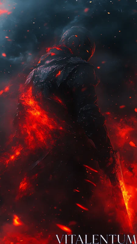 Infernal armored warrior emerging from burning shadows.