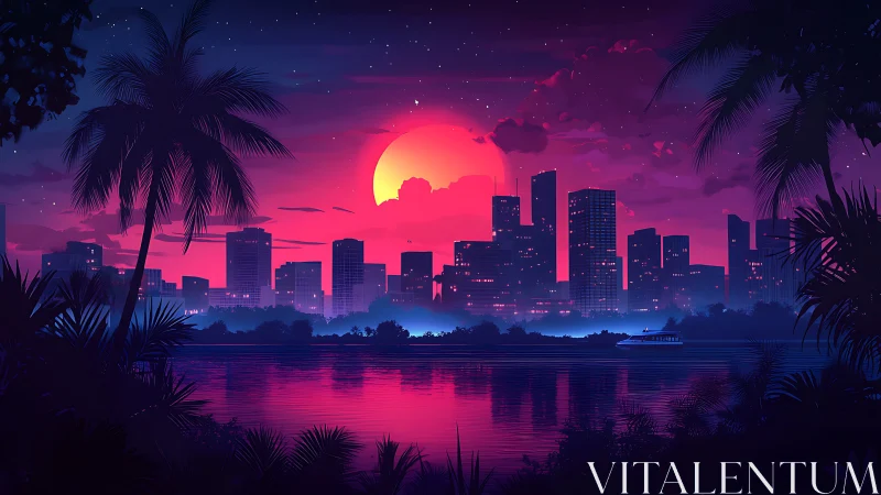 Neon sunset city skyline reflects across calm tropical bay