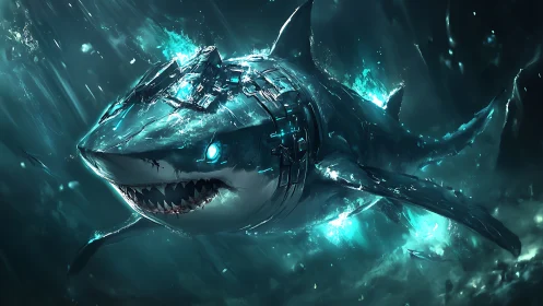 Futuristic cyborg shark glows with electric ocean power.