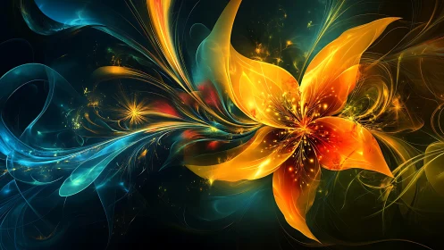 Luminous abstract flower unfurls in swirling cosmic light