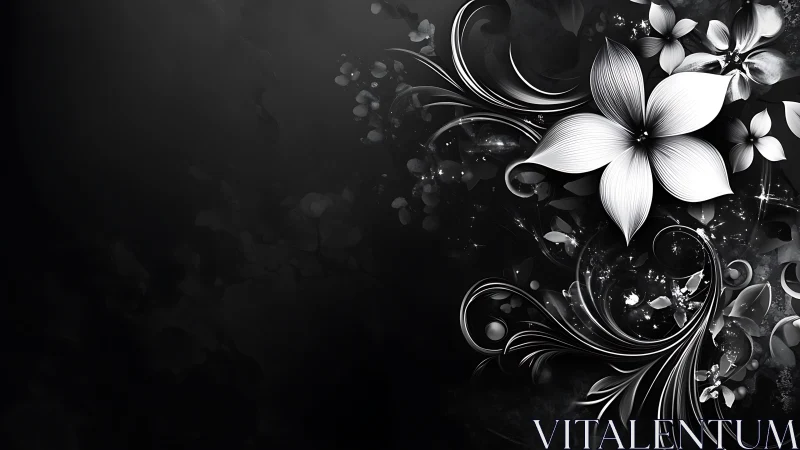 Monochromatic Floral Composition with Ornamental Swirls.