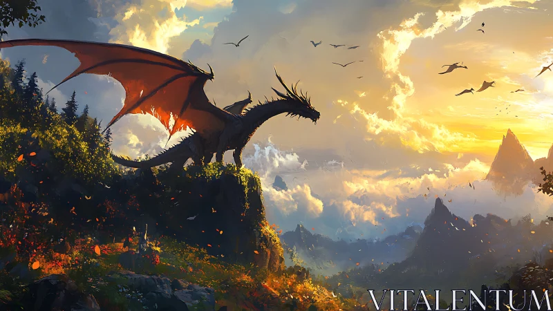 Epic fantasy dragon vista in luminous atmospheric landscape.