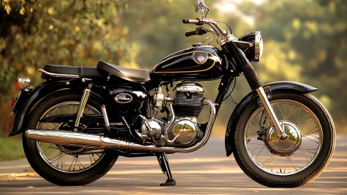 Classic black motorcycle with chrome detailing under soft daylight
