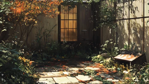 Secluded paved courtyard with dense foliage and sunlit window.