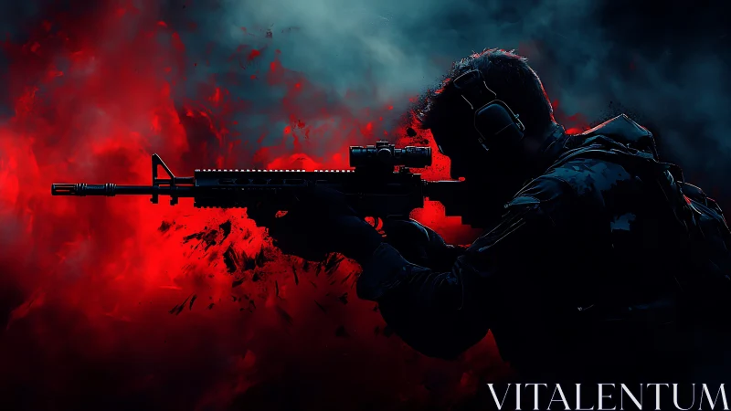 Silhouetted tactical sniper framed by erupting red smoke.