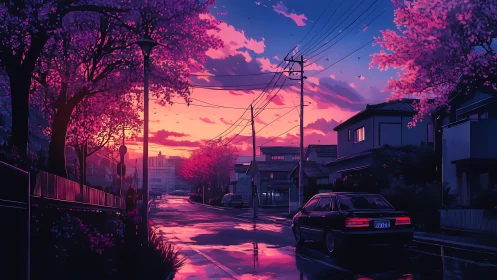 Neon dusk over wet suburban street with cherry blossoms and car