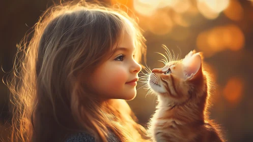 Girl and Ginger Kitten Share a Tender Golden Moment
