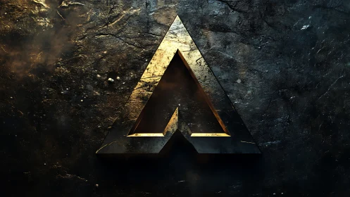 Metallic triangular emblem on dark textured surface.