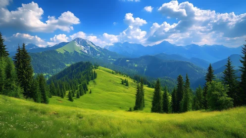 High-altitude alpine meadow with conifer ridgeline perspective.